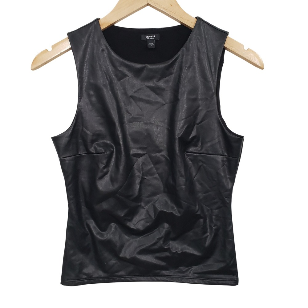 Express Faux Leather Body Contour Tank Top Womens Small Black Sleeveless Shell‎